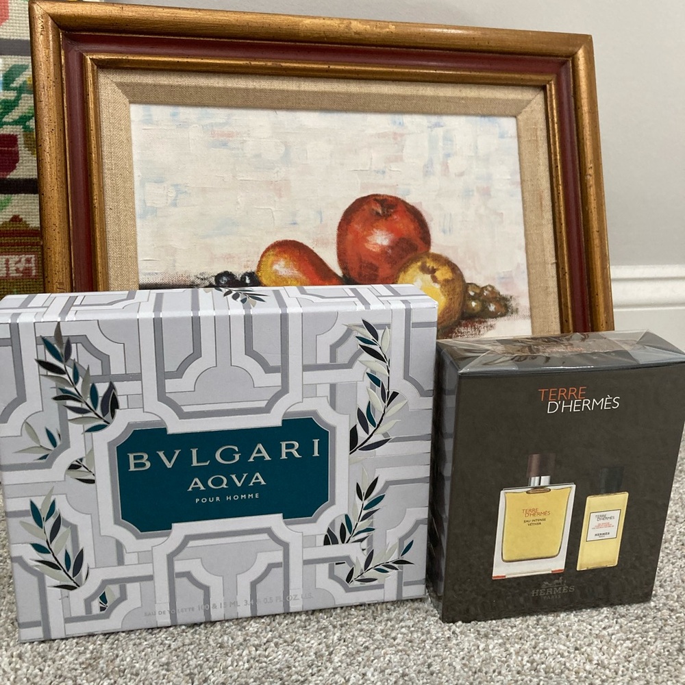 Two sets of new authentic unused men’s fragrance: 1 Hermes set and 1 Bulgari set